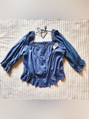 Torrid Blue Peasant Blouse Size 3 NWT Lace Trim Puff Sleeve Cottagecore Top